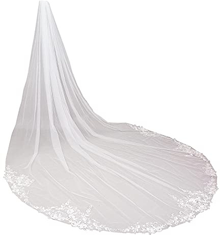 Vintage One Layer Cathedral Wedding Veil Floral Lace Appliqued Soft Tulle Dramatic Bridal Accessory (137inches, Offwhite)