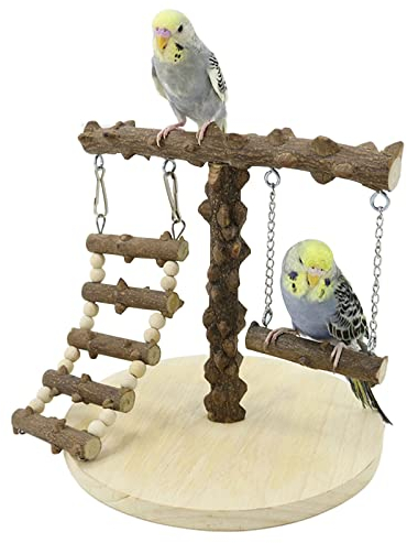 WishesMar Wellensittich Spielplatz Vogel-Spielplatz mit Spielzeug Leiter Erklimmen Schaukel für Nymphensittich Papageien Wellensittiche, Holz, Größe 22x22x21.5 cm