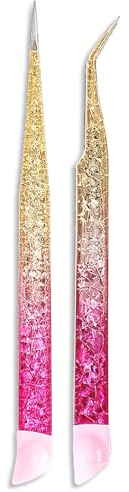 Ouligay Pinzas de Doble Extremo de Acero Inoxidable para Pestañas y Decoración de Uñas, Rectas y Curvas con Puntas de Silicona para Diamantes