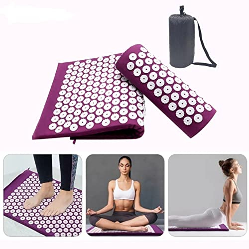 Akupressurmatte mit kissen,Akupressur-Set mit gepolsterten Akupressur-Kissen gegen Nacken- und Rückenschmerzen, Magnetfeldtherapie und Akupressur, mit Tragetasche, Männer und Frauen. (Violett)