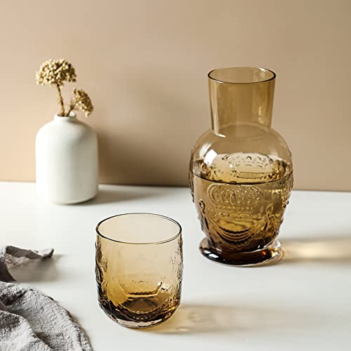 Set Caraffa in Vetro Vintage, 750 Ml (25 Oz) Caraffa in Vetro da Comodino Vintage con Tazza, Brocca per Acqua in Vetro Trasparente Caraffa per Acqua Notturna Bottiglia per Collutorio per(Caffè)