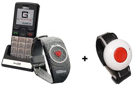 G-TELWARE Seniorenhandy mit SOS Armband MAXCOM MM715 Original Armbandsender + Ersatzarmbandsender