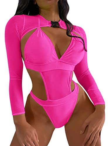 FYMNSI Damen Rave Outfits Techno Neon Body Crop Top mit Schnalle Langarm Badeanz?ge Bikini R?ckenfrei Monokini Y2K Mesh Raver Outfit f?r Festival Clubwear Party Strand Cover Up Bademode Rose L