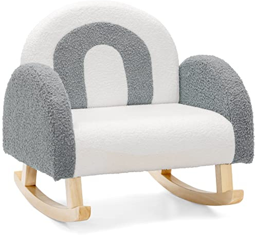 COSTWAY Sedia a Dondolo per Bambini con Gambe in Legno Massiccio, Poltrona a Dondolo per Bambini con Cuscinetti Antiscivolo, per Stanza dei Giochi, Camera da Letto, Scuola Materna (Grigio)