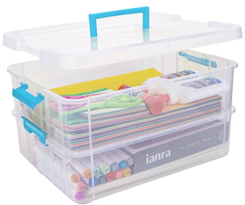 TERGOO 2 Layer Plastic Storage Containers with Lids, Multipurpose Clear Stack & Carry Box, Portable Craft Organizers and Storage Bin for Organizing Art & Craft, Sewing, Makeup, Nail Supplies (Blue)