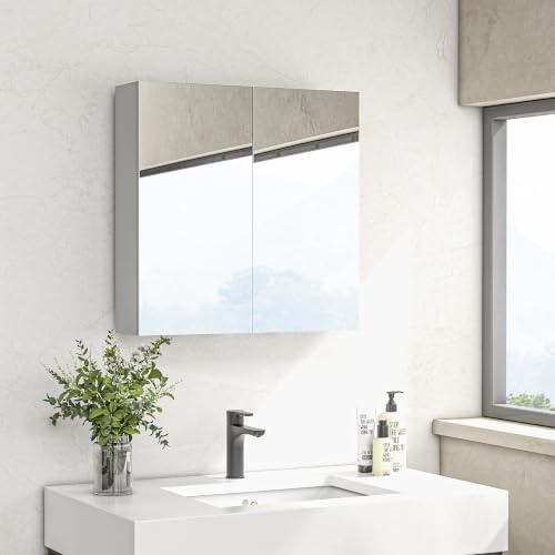 kleankin Armoire Murale de Salle de Bain 3 Niveaux 60 x 15 x 60 cm Blanc | Placard de Rangement, Étagère Réglable, 2 Portes et Miroirs, Armoire Suspendue