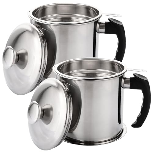 GBACHOOSE 2 recipientes coladores de aceite, recipiente de acero inoxidable de 1.3 L con colador, recipiente de grasa de tocino con tapa y placa antideslizante