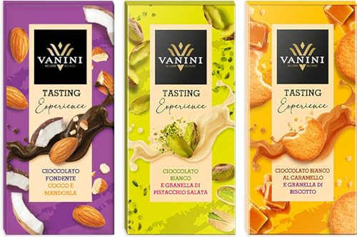 Vanini Tasting Experience Tavolette di Cioccolato al gusto di Granella di Biscotto, Pistacchio e Cocco e Mandorla 75g [3 Tavolette]
