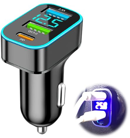 Auto-Ladegerät USB C 66 W, Zigarettenanzünder-Adapter mit 3 Ports (QC3.0, PD 30 W, 2,4 A), integriertes LED-Voltmeter, kompatibel mit iPhone, Android, Samsung, Tablet