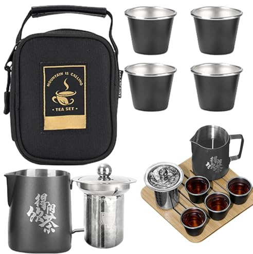 Juego de té portátil, de acero inoxidable con tazas de té, juego de té portátil chino negro, juegos de café y té de viaje, té Kung Fu y bolsa de viaje para viajes, hogar, mochileros, camping