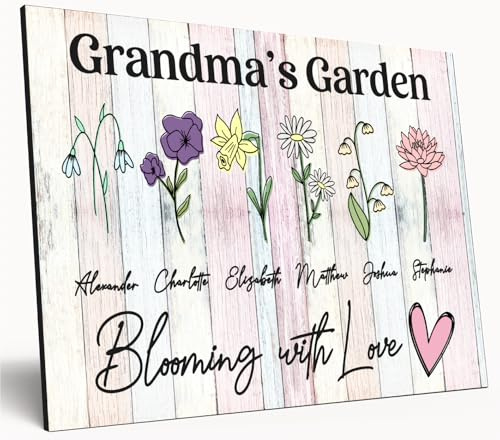 Personalised Birth Month Flower Sign Grandma's Garden Custom A4 Wooden Wall Art Rustic Garden Design Watercolour Custom Plaque for Mums