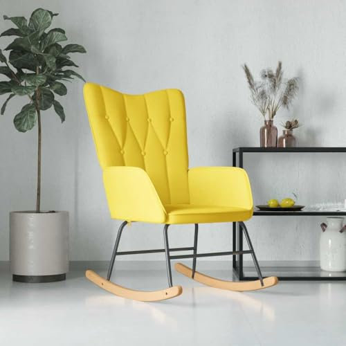 KOIECETA Schaukelstuhl Schwingstuhl mit Armlehne Schaukelsessel mit Holzkufen Stahlgestell Relaxsessel Schwingsessel Wohnzimmer ModernSenfgelb Stoff