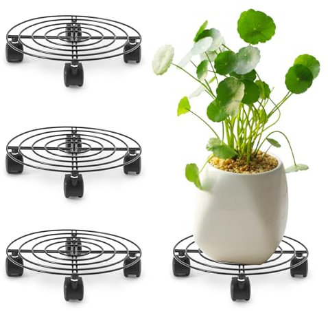 MZBDYYF Pflanzen-Caddy mit Rädern, 2 Stück, Metall-Topfwagen, 27 cm, rund, beweglicher Rollfuß für den Innen- und Außenbereich, Garten, Rollwagen – Topfständer mit Rollen
