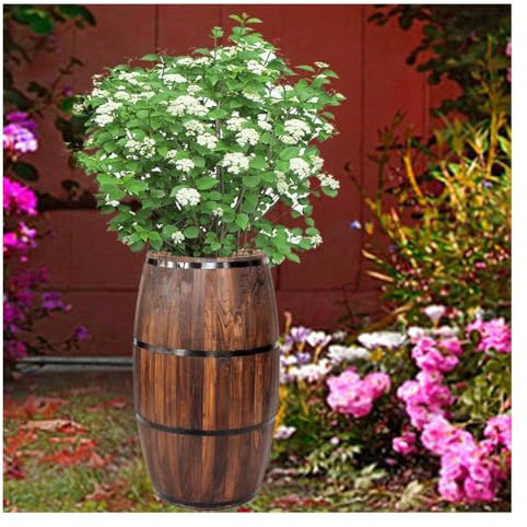 Whiskeyfass-Pflanzgefäß, Blumenständer, Vintage-Weinfass, Blumentopf mit Abflussloch, rundes Fass-Pflanzgefäß aus Holz für Pflanzen im Innen- und Außenbereich (Farbe: Braun, Größe: 42 x 100