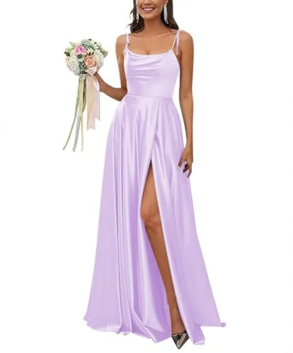 ZCXCsfp Vestido de dama de honor de satén con tirantes delgados, sin espalda, vestido de graduación, largo y elegante, para bodas y fiestas, Lila, 34