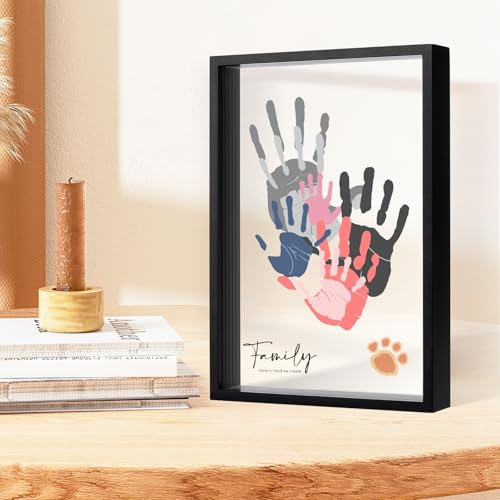 PUDEKO Family Handprint Kit,DIY Colorful Craft Keepsake Art Baby Newborn Hand and Footprint Wooden Frame for Home Decor Family Gifts Set(5 Sheets with 8 Colors) (Dark Black)
