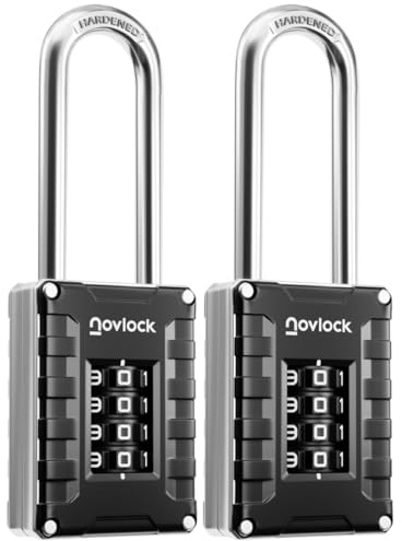 NOVLOCK Kombinationslås extra lång bygel 7 cm – hänglås med 4-siffrig kod, härdat stål – för skåp, grindar, skjul, förråd, garage och staket – 2-pack, svart/silver