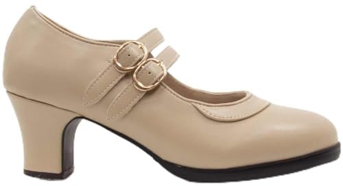 El Rocio desde 1980 Zapato De Flamenco con Doble Suela y 2 Correas (Beige, Sistema Tallas Calzado EU, Adulto, Números, Mediano, 36)
