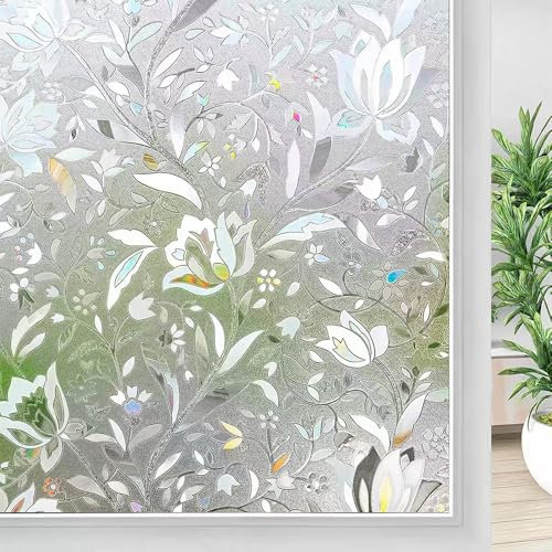 Blueshyhall Lámina opaca para ventanas con diseño de flores y efecto arcoíris, lámina de vidrio esmerilado, protección estática, autoadhesiva, protección UV, protección solar, diseño multicolor (45 x