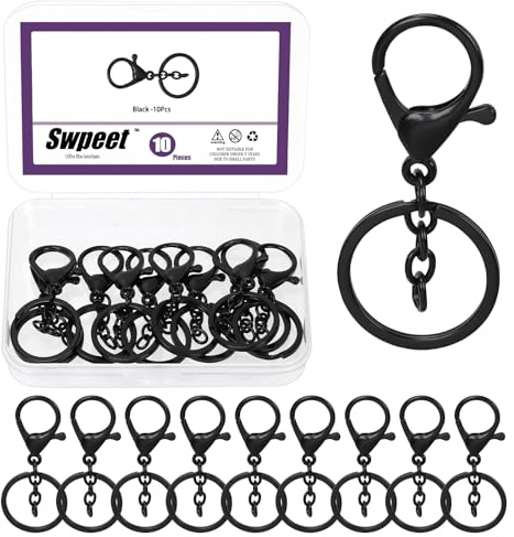 Swpeet Juego de 10 cierres de pinza de langosta negro mate con llavero y anillo dividido plano, cierres giratorios, ganchos giratorios para bolso, correa, llavero, manualidades