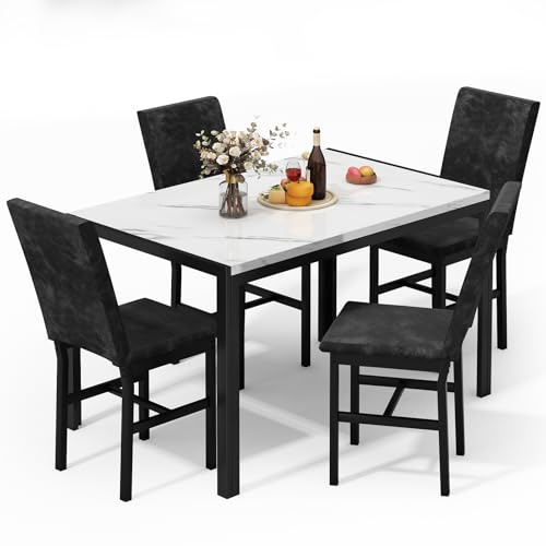 HOOSENG Dining Table Set for 4, Faux Marble Kitchen Table and Chairs for 4, Modern Dining Room Table with 4 Chairs, with Luxurious Tufted Dinner Chair, white
