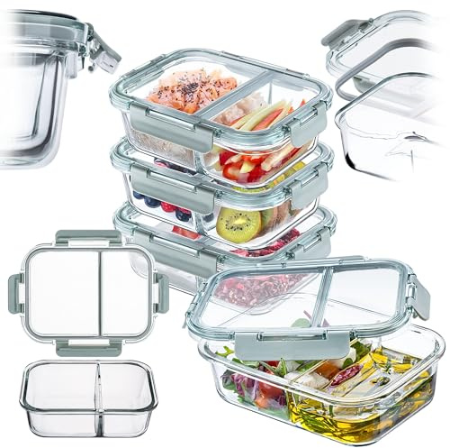 KADAX Frischhaltedosen aus Glas mit Fächern, Vorratsdosen Set je 1L, Glasbehälter mit luftdichtem Deckel, Meal Prep Boxen, Vorratsbehälter (4er Set v1)
