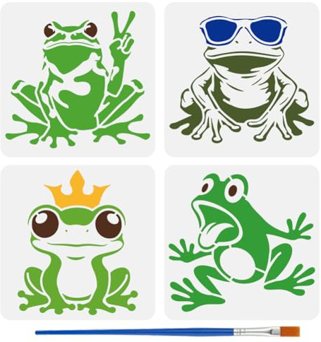 FINGERINSPIRE 4 lustige Froschschablone Mit 1 Pinseln 15x15cm Frosch Mit Sonnenbrille Frosch Mit Krone Schablone Mit Tiermotiv Vorlage Zum Bemalen von Wänden Holzmöbeln Heimwerkerdekoration