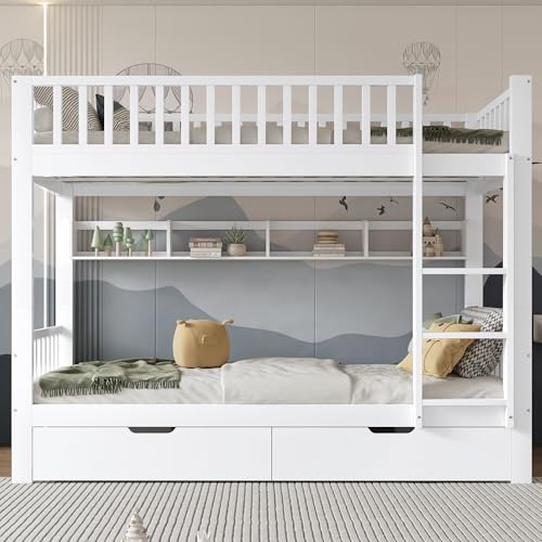 I0I&I0I Etagenbett 90x200 cm Kinderbett – Kiefernholzrahmen, mit Treppe Rechts/Links, Fallschutz, Regalen & Schubladen, Teilbar in 2 Einzelbetten, Platzsparend & Stabil (Weiß)