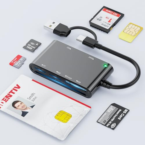 SIM Card Adapter, CAC Smart Card Reader Military, 6-in-1 USB-C/USB-A Multi-Card Adapter for SIM, CAC, ID, SD/TF, M2, Memory Stick – Compatible with Windows, Mac, Linux (USB-C+USB-A)