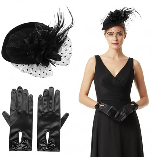 DvBCNMe 2-teiliges 50er Jahre Outfit Damen, Elegantes mit Vintage Schleier Mesh Stirnband Frauen hut und Spitzenhandschuhen, Perfekt für Hochzeiten, Cocktailpartys und Vintage-Events, Tea Party