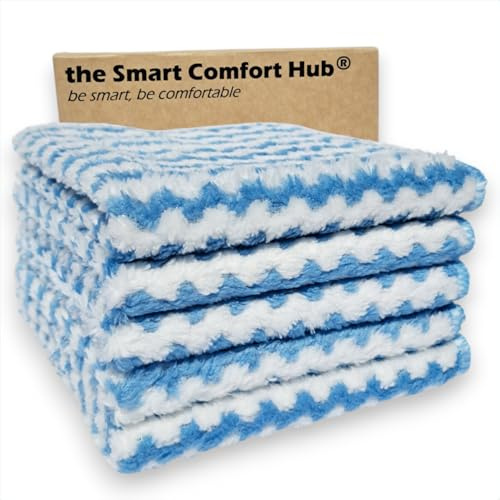 the Smart Comfort Hub Thick Microfibre Coral Fleece Cleaning Cloths, Pack of 5, Super Absorbent, Lint-Free, Fast Drying, Reusable and Multiuse Cleaning Cloths, 30x30cm (Blue Stripes Coral Fleece)