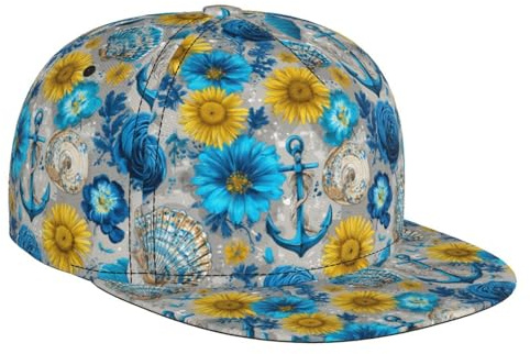 Cappelli da camionista per uomo e donna, regolabile, comodo, con stampa di ancora blu girasole e visiera piatta, cappello da baseball cappello da golf cappello da papà snapback