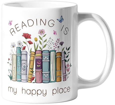 BelleFlair 325ml Taza de café con Flores, Taza de Libros para Mujeres, Taza de cerámica Libros, Regalo de mercadería literaria, Taza de Libros para Profesora, Leer es mi Lugar Feliz, Accesorios de