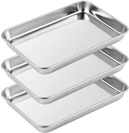 3 st rostfria bakplåtar – 23x17x2,5cm, för ugn & servering | Metallplåtar i rostfritt stål – maskindiskbara, perfekta för bakning, matlagning och servering i köket.