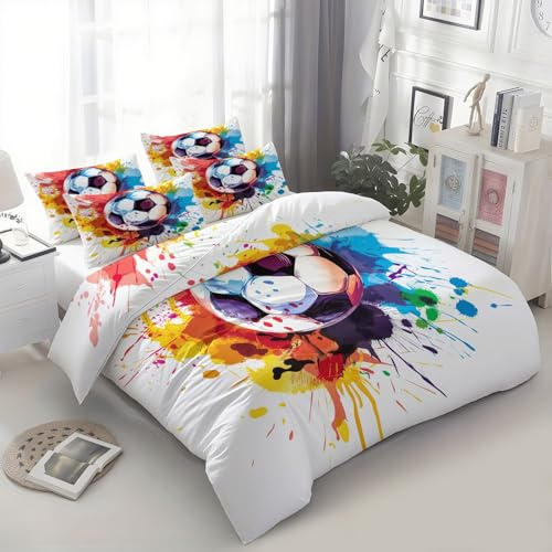 XCQHZYQ Copripiumino Singolo Bambino Calcio Graffiti Biancheria da letto Completo letto Bianco Reversibile Set Copripiumino 2 Pezzi, Copripiumino 150x200 cm e 1 Federa 50x80 cm