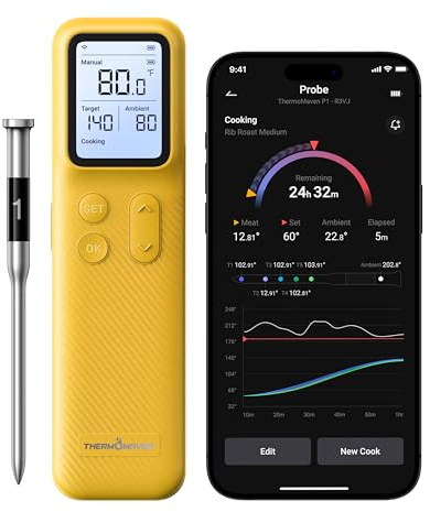 ThermoMaven Smartes Bluetooth Fleischthermometer Kabellos, Basisstation, WLAN Unbegrenzte Reichweite, NIST-zertifizierte Genauigkeit, App Warnungen, Für Grill, Ofen, Smoker, BBQ (Zartgelb)