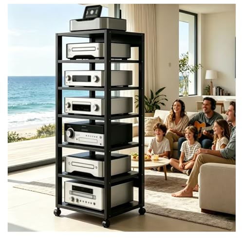 Generico 5/7 Livelli Armadio Audio, HiFi Rack, Audio-video Ruote, Regolabile Supporto Giradischi，Mobile Stereo，Supporto Rack Audios Mobile, per Soggiorno, Sala Teatro(Nero,7tier)