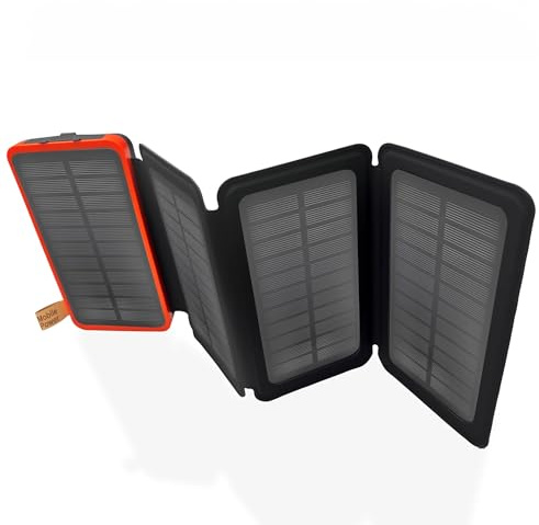 HXEternal Solar Powerbank 26800mAh, Solar Ladegerät mit 2 USB-A Ausgang & 1 USB-C Eingang, Outdoor Wasserfester Externer Akku mit 4 Solarpanels und Taschenlampe für Smartphones Tablets（Schwarz）