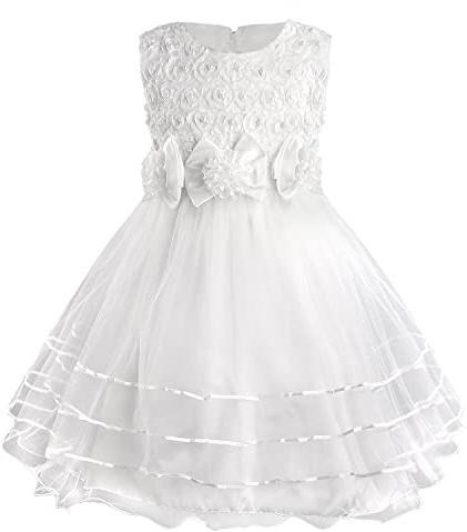 Discoball Girls Princess Dress Rose Flower Bow Tie Party Dresses Tulle Wedding Dresses Bridesmaid Christening Elegant Formal Dress for Girls (6-7 Years) White
