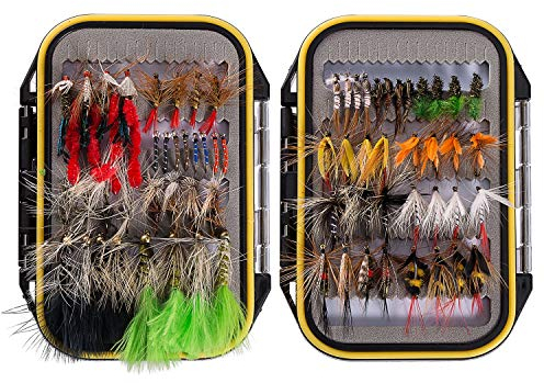 Bassdash Fliegenfischen Fliegen Set Forellenbarschangeln mit Fliegenbox, 36/64/72/76/80 / 96Stk. Mit Trockenfliegen/Nassfliegen, Nymphen, Streamers, Popper