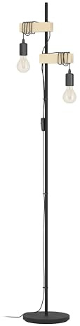 EGLO Stehlampe Townshend, 2-flammige Vintage Stehleuchte | Lampe mit Holzbalken, Retro Standleuchte aus Metall in Schwarz und Holz in Natur, E27 Fassung