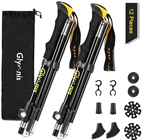Glymnis Bastoni Trekking Bastoncini da Trekking Pieghevoli e Antiurto 110-130cm 5 Sezioni in Alluminio 7075 Impugnatura in Eva Punta in Carburo di Tungsteno per Escursioni 1 Paio