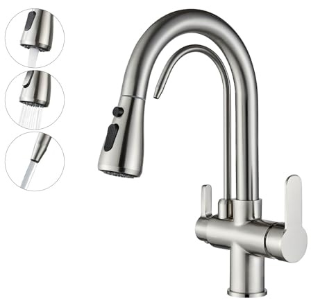 Onyzpily Wasserhahn Küche mit Trinkwasserhahn, 3-Wege-Küchenarmatur mit hohem Bogen, 3 in 1 Mischbatterie für Spüle, kalt und heiß (Gebürstetes Nickel)