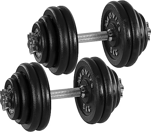MOVIT Set di 2 Manubri - 20 kg/30 kg/40 kg/50 kg /60 kg, Impugnatura Zigrinata, in Ghisa, Barra da 30 mm, Chiusura a Vite - Manubrio Corto Pesi, Dumbbell, Piastre, Palestra, Fitness