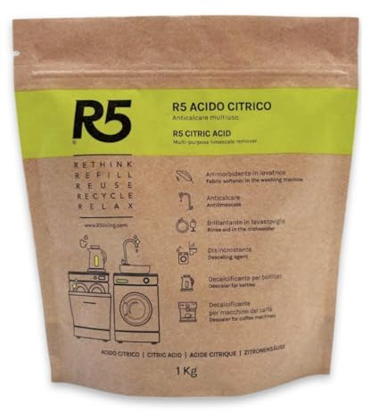 R5, Acido Citrico in Polvere, 1Kg, Anticalcare Multiuso, Disincrostante, Brillantante e Ammorbidente, Inodore