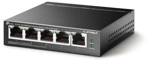 TP-Link TL-SF1005LP 5 Port 10/100Mbps PoE Switch, 4 PoE Ports, Transmission Distance Up to 250m, Desktop Network Switch, Plug & Play, Sturdy Metal Case, Fanless, Extend & Priority Mode,Auto Recovery