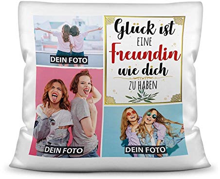 Print Royal Kissen mit Füllung - Fotocollage selbst gestalten mit Spruch für Freundin - GLÜCK - mit DREI eigenen Fotos - Geschenkidee Fotokissen - Kissen Polyester - Weiß