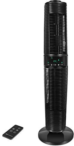 MYCARBON Ventilador de Torre Silencioso 32dB, 350m³/h, Oscilante Manual 360°/Automático 90°, 3 Velocidades, 4 Modos Incluido ECO, con Temporizador, Mando a Distancia(Negro)