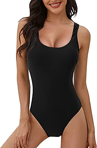 JFAN Costumi da Bagno Interi Donna con Scollo U Trikini Costume da Mare Spiaggia Piscina Sexy Costume da Bagno Intero Donna di Moda(Nero,L)