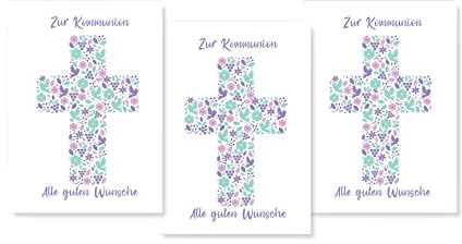 Friendly Fox Karte zur Kommunion Mädchen, 3x Kommunionskarten mit Umschlag, Karte Kommunion Mädchen